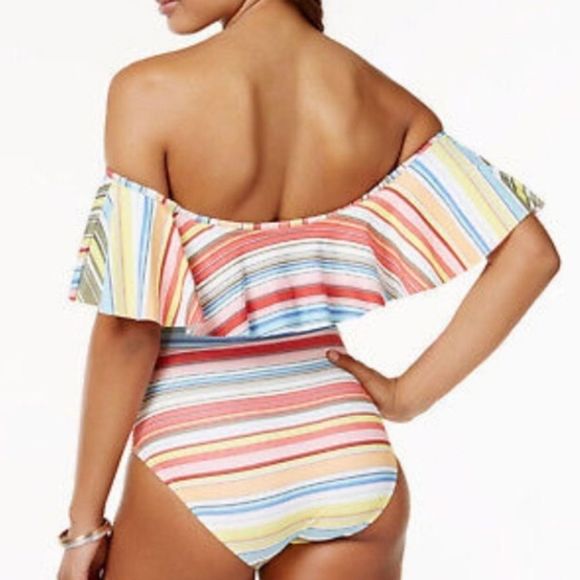 💫8×host PICK💫❤Vince Camuto one piece striped swim suit off-shoulder - Picture 2 of 5